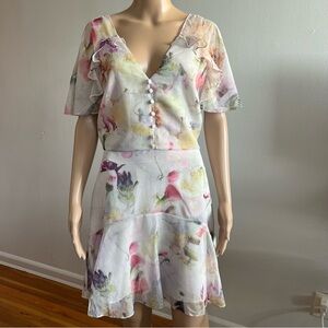 Ted Baker Women's Ivory Floral V-Neck Angel Sleeve Sangro Mini Dress Size 2